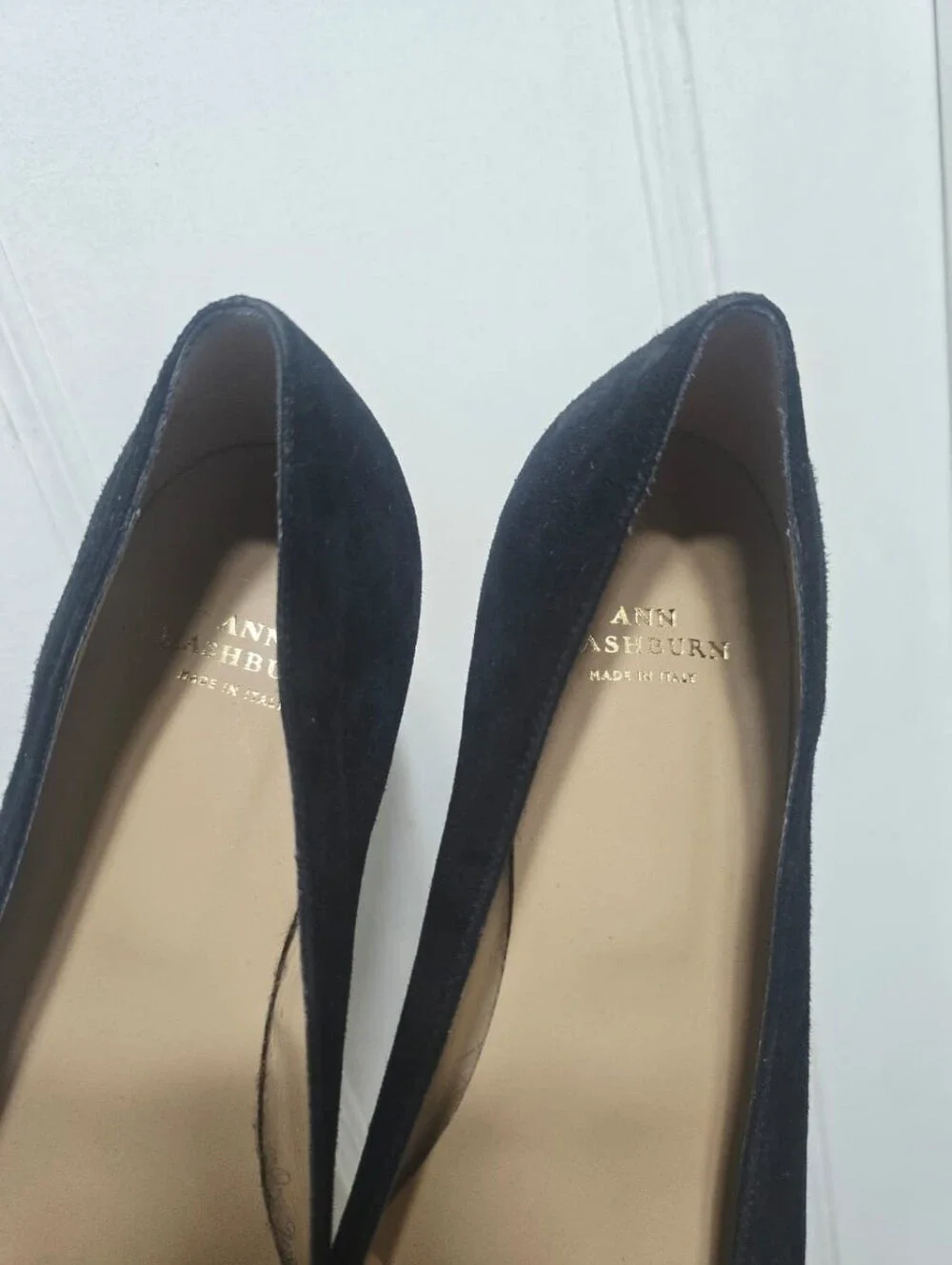 ANN MASHBURN Buckle Heel Black Suede size 38 US 9.5 small heel flats